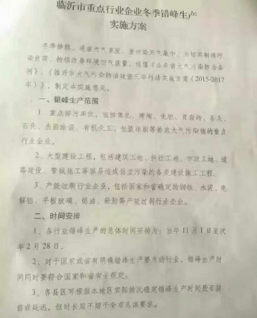 关于印发临沂市重点行业企业冬季错峰生产实施方案的通知