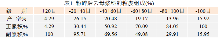 粉碎后云母浆料的粒度组成(%)
