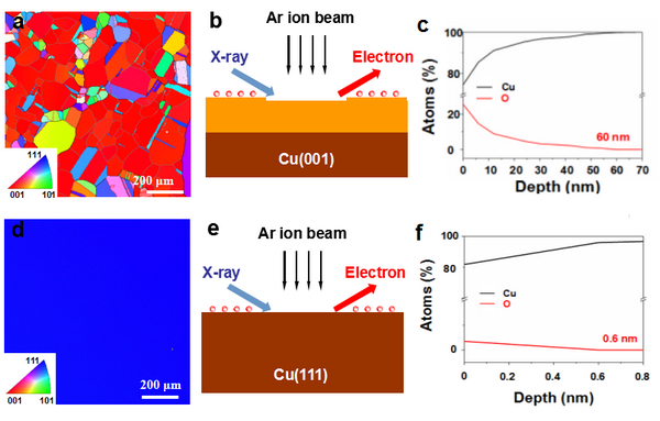 图1：氩气和氢气对铜衬底晶向的调控。（a，d）氩气和氢气处理后的铜衬底电子背散射表征；（b，e）X射线光电子能谱的氩离子刻蚀示意图；（c，f）两种铜衬底晶向表面对应的氧化层厚度。