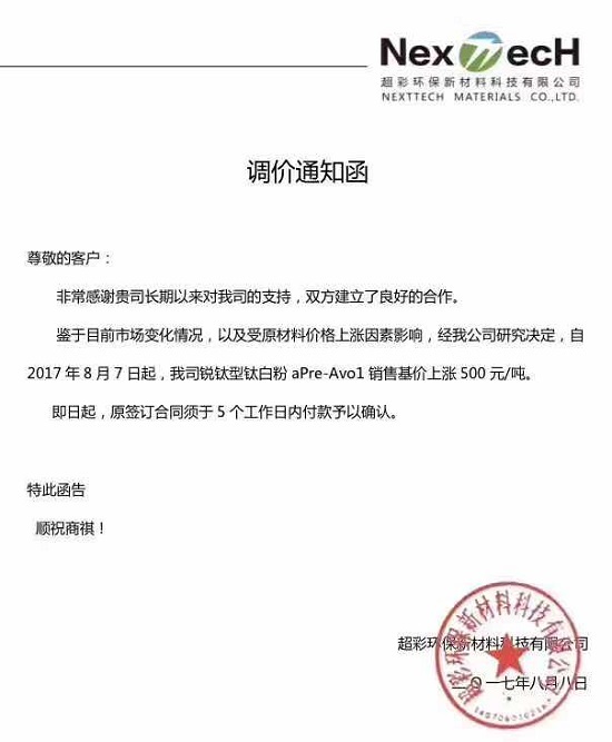 这个8月,钛白粉又一波涨价潮来袭!