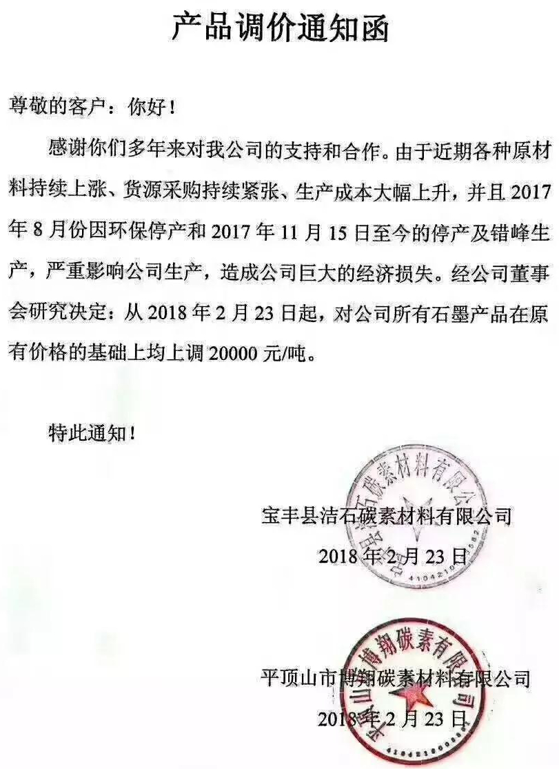 涨疯了！东方碳素等公司石墨产品在原价格基础上均上调2万元/吨