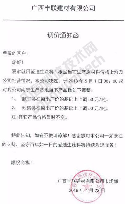 涨涨涨！广西100多家涂料企业集体上调腻子、砂浆类价格！