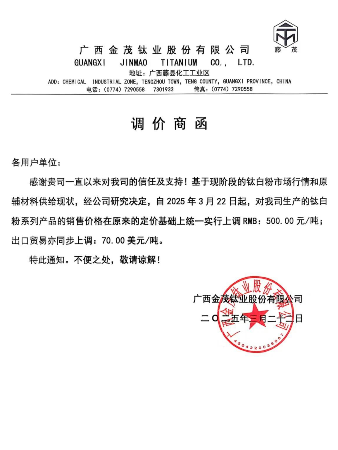 今年第三波，11家钛白粉企业涨价 　　 　　